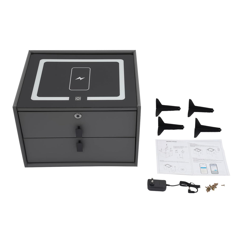 Nightstand with Charging Station, 2 Drawers, Fingerprint Lock, LED Light B94461