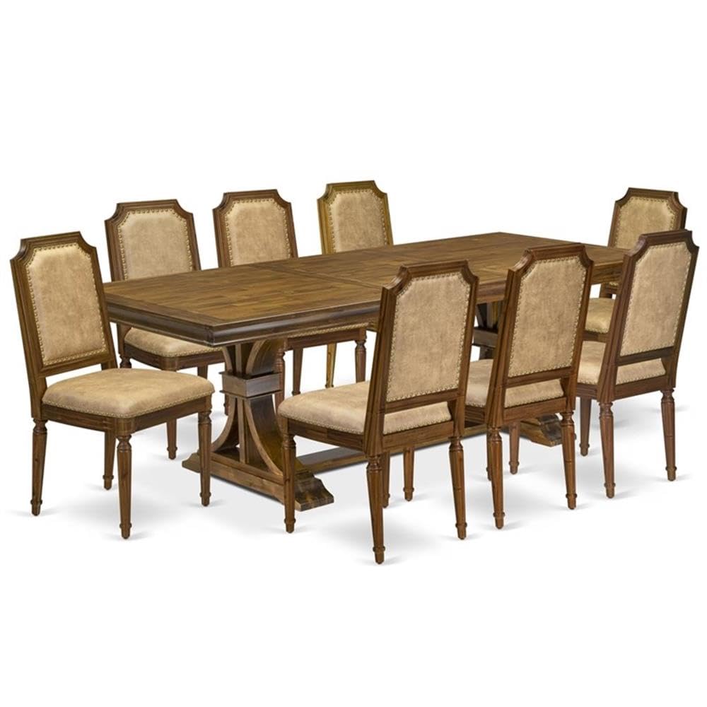 9-Piece Acacia Wood Dining Table Set with 8 Beige PU Leather Chairs D83668