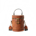 Round Barrel Bucket Bag Embossed Vegan Leather Crossbody Handbag D8556