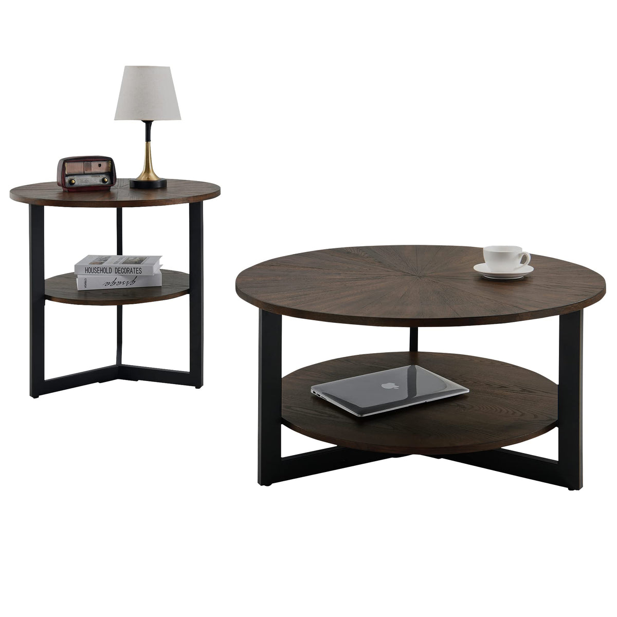 Round Coffee Table with Storage Shelf, Black Metal Legs, 35.3''D x 17.8''H I54141