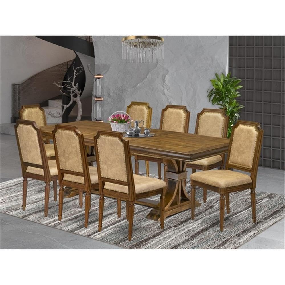9-Piece Acacia Wood Dining Table Set with 8 Beige PU Leather Chairs D83668