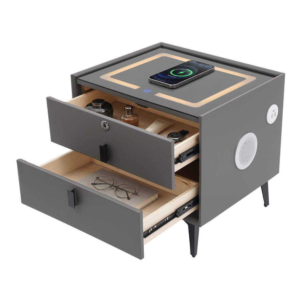 Nightstand with Charging Station, 2 Drawers, Fingerprint Lock, LED Light B94461