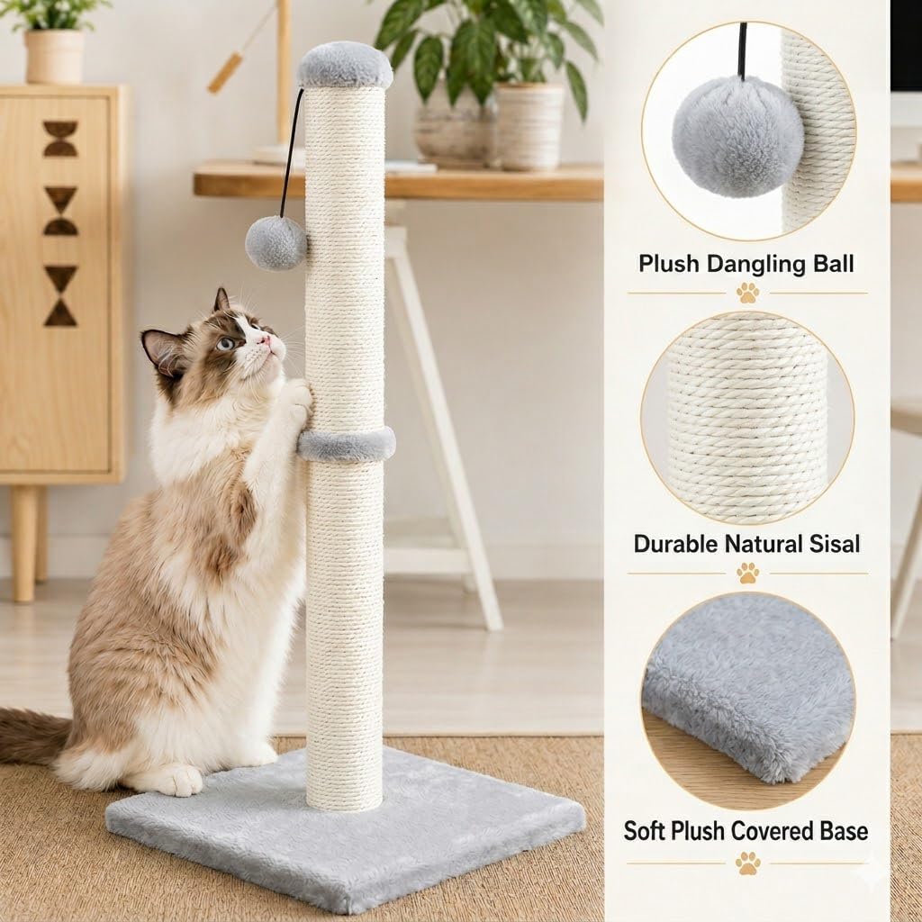 Tall Cat Scratching Post with Sisal Rope, Grey A798728