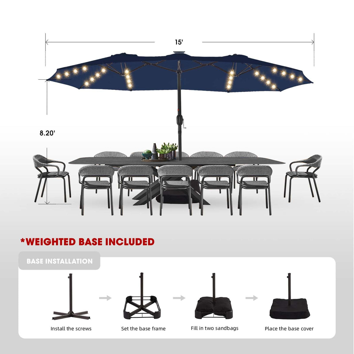15ft Double-Sided Patio Umbrella with Base S693884