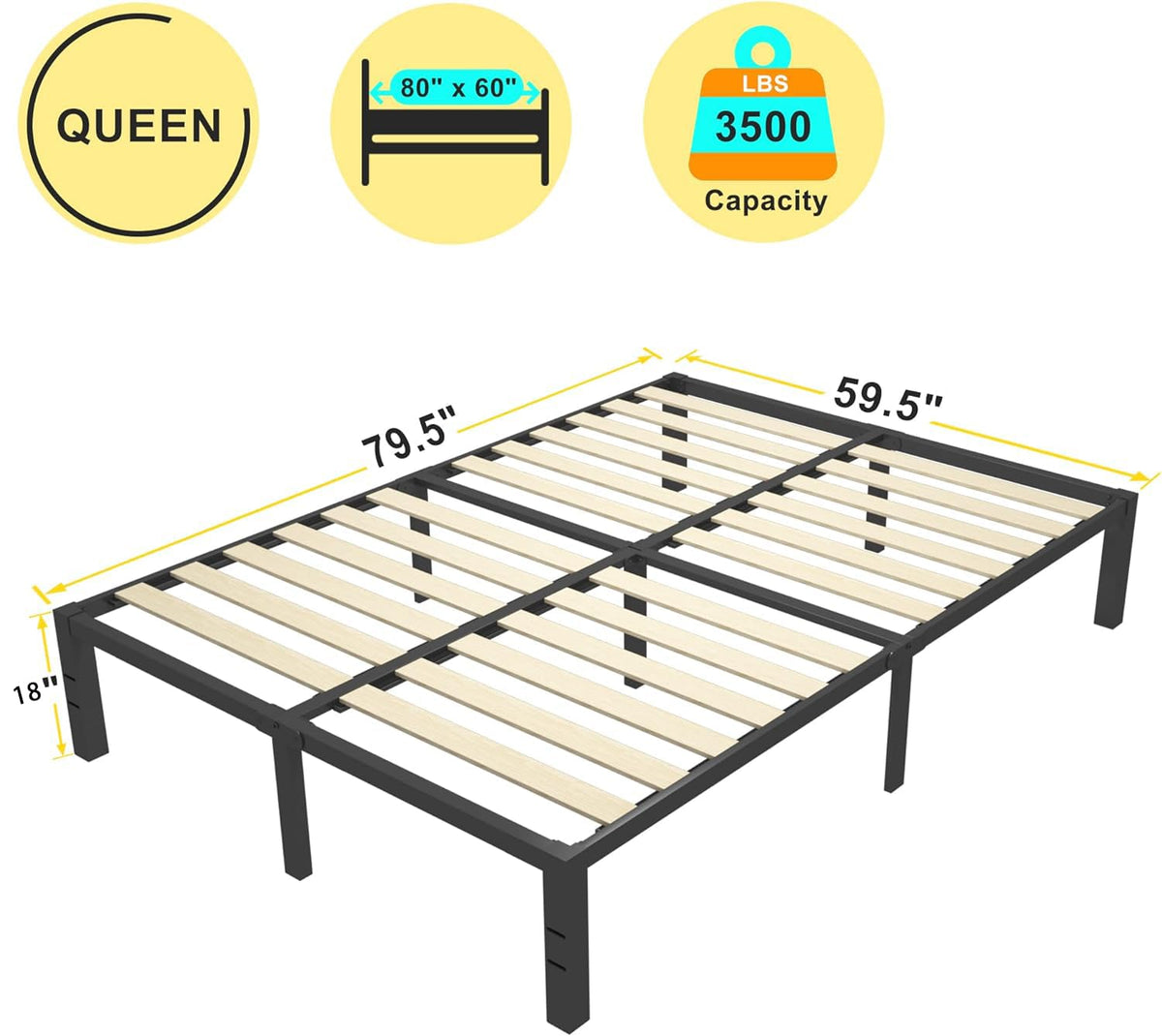 18 inch Queen Size Heavy Duty Platform Bed Frame with Wood Slats D341503