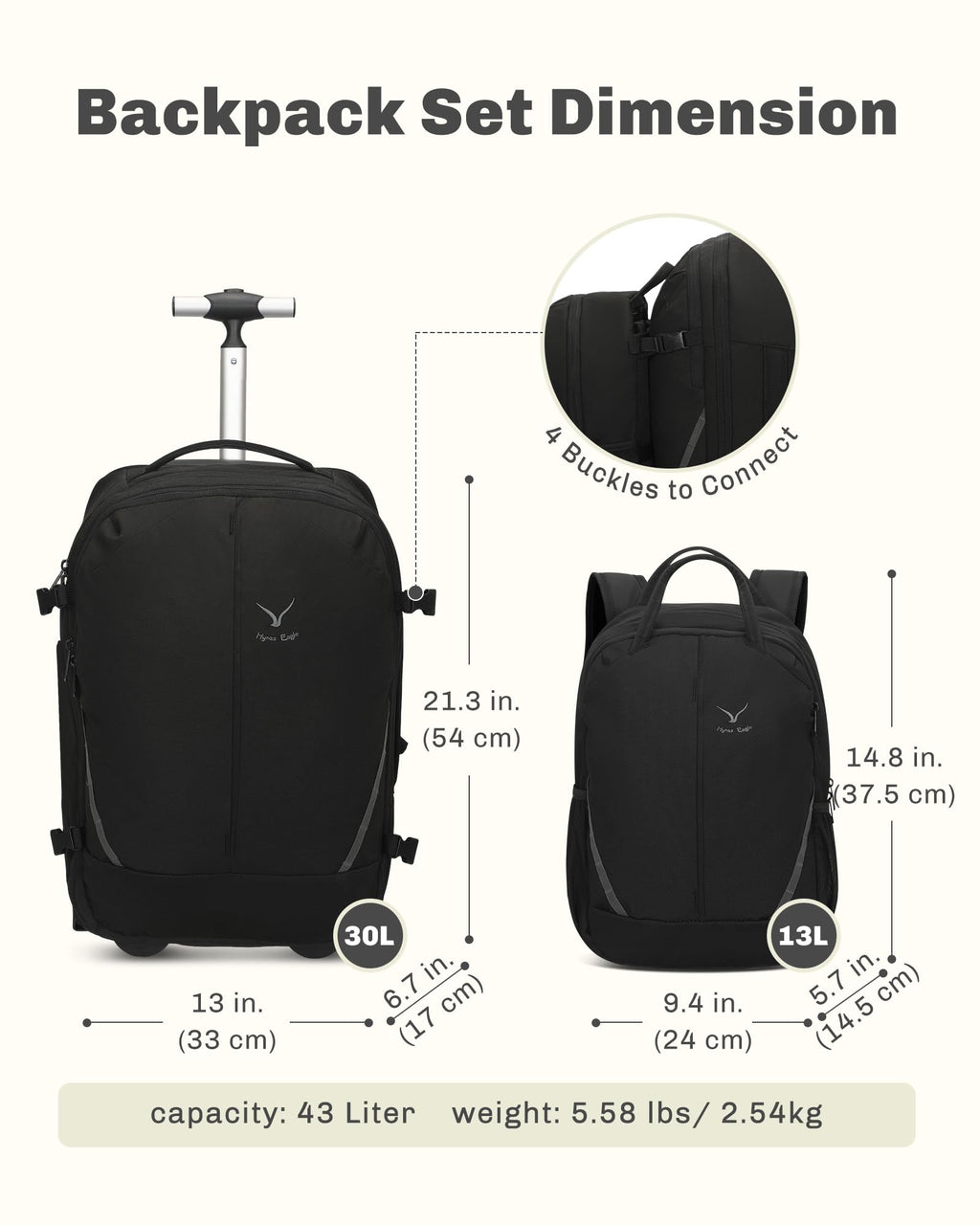 Rolling Backpack with Wheels 43L Jet Black I8570