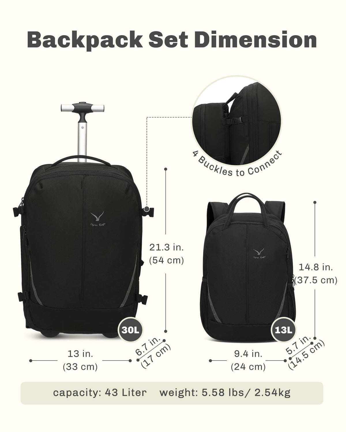 Rolling Backpack with Wheels 43L Jet Black I8570
