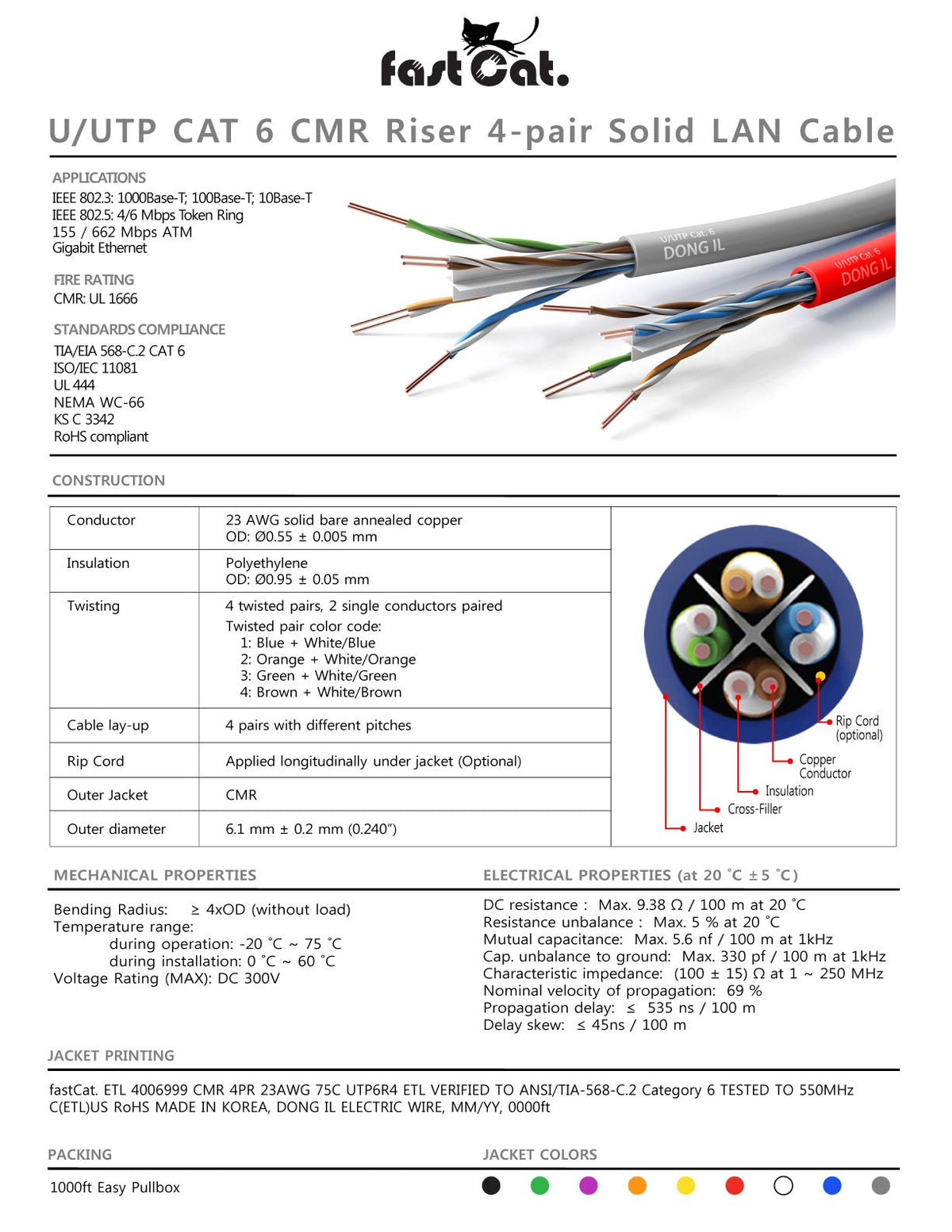Cat 6 Ethernet Cable 1000ft Blue 23 AWG CMR Solid Bare Copper G47335