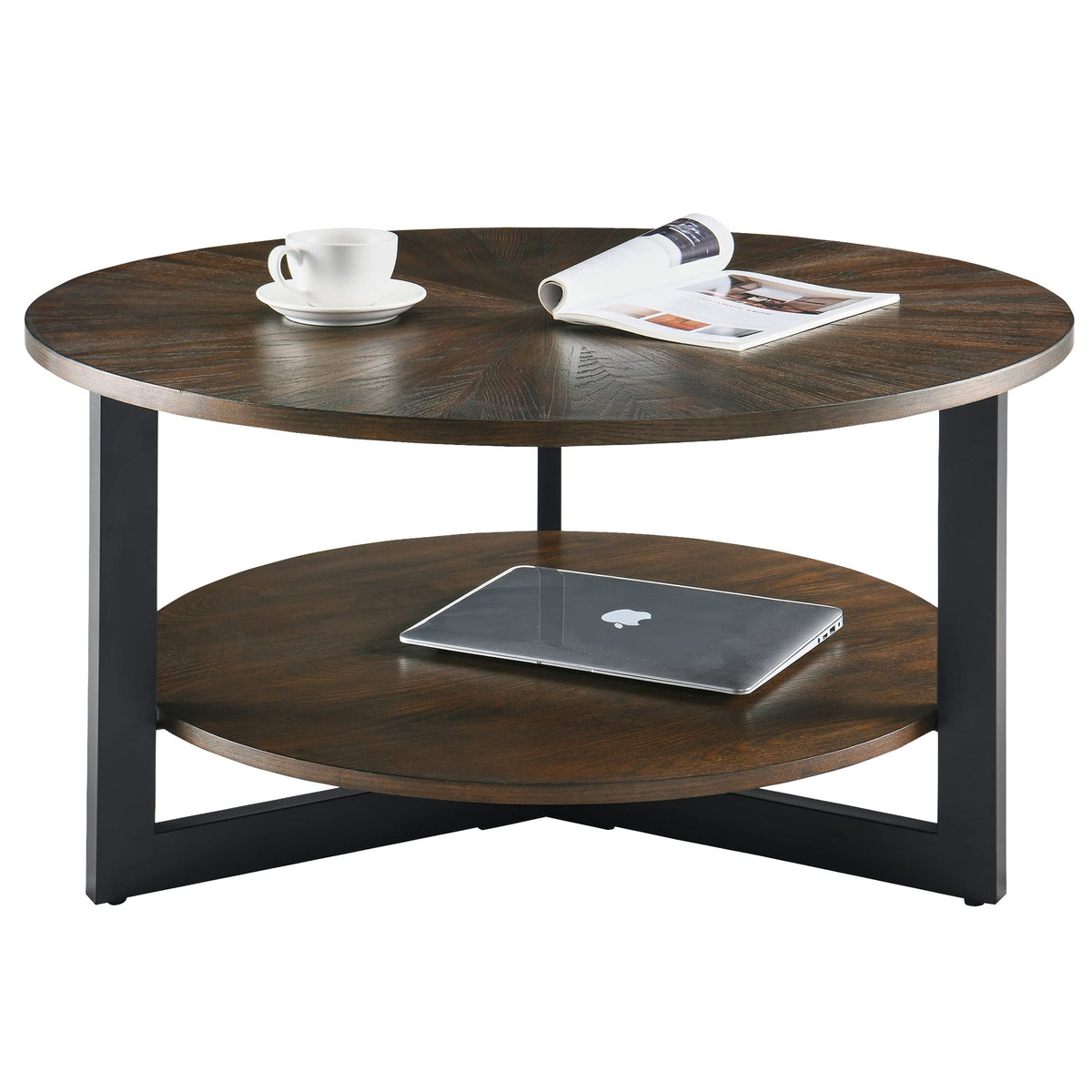 Round Coffee Table with Storage Shelf, Black Metal Legs, 35.3''D x 17.8''H I54141