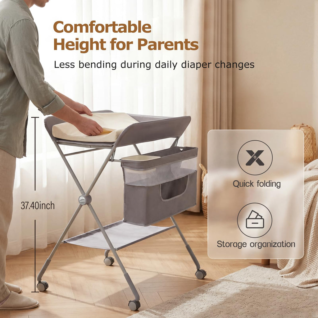 Baby Changing Table with Wheels, Portable Adjustable Folding Diaper Station with Storage R492329