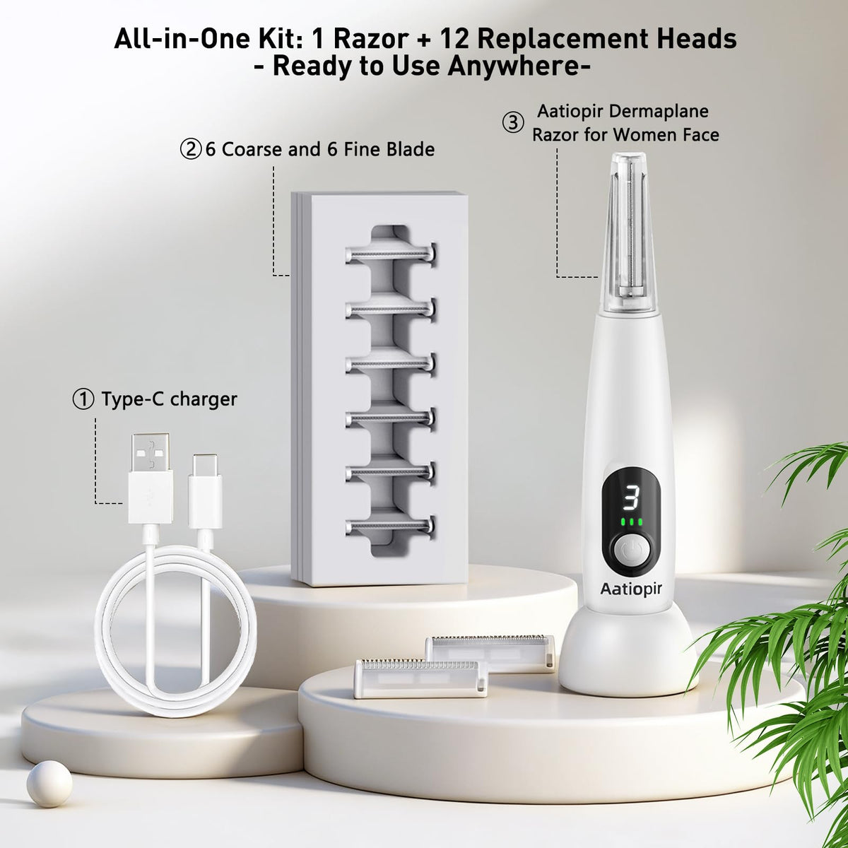 3 Speeds LED Electric Dermaplaning Tool with 12 Replaceable Blades P88868