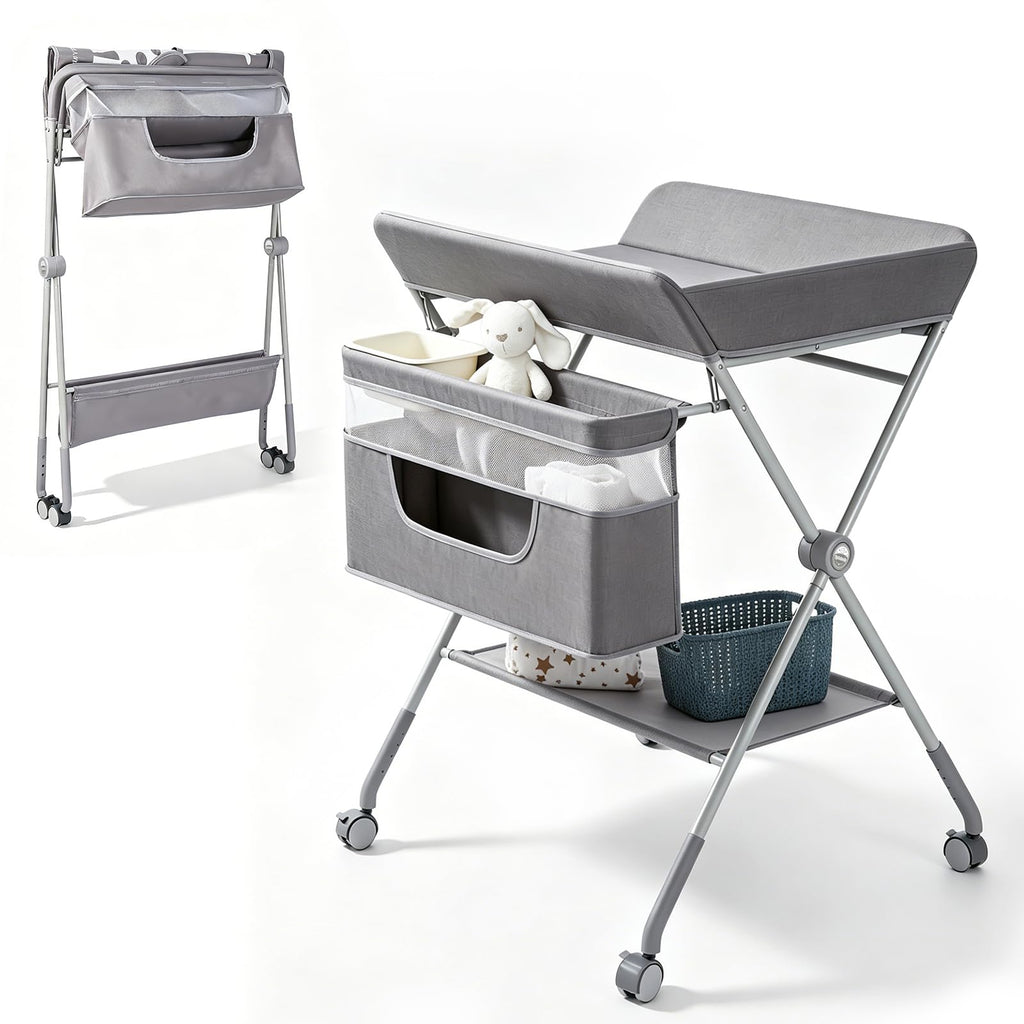Baby Changing Table with Wheels, Portable Adjustable Folding Diaper Station with Storage R492329