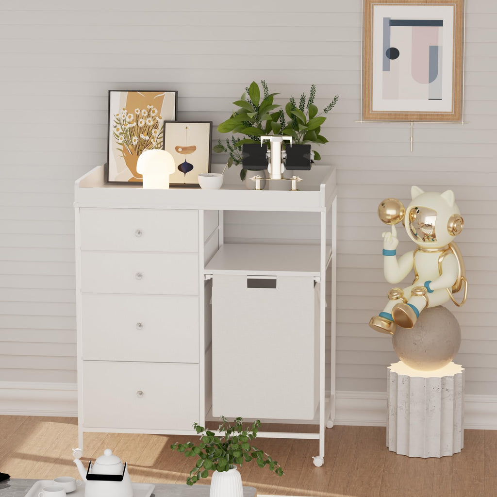 White 4 Drawer Changing Table Dresser with Laundry Hamper W15782