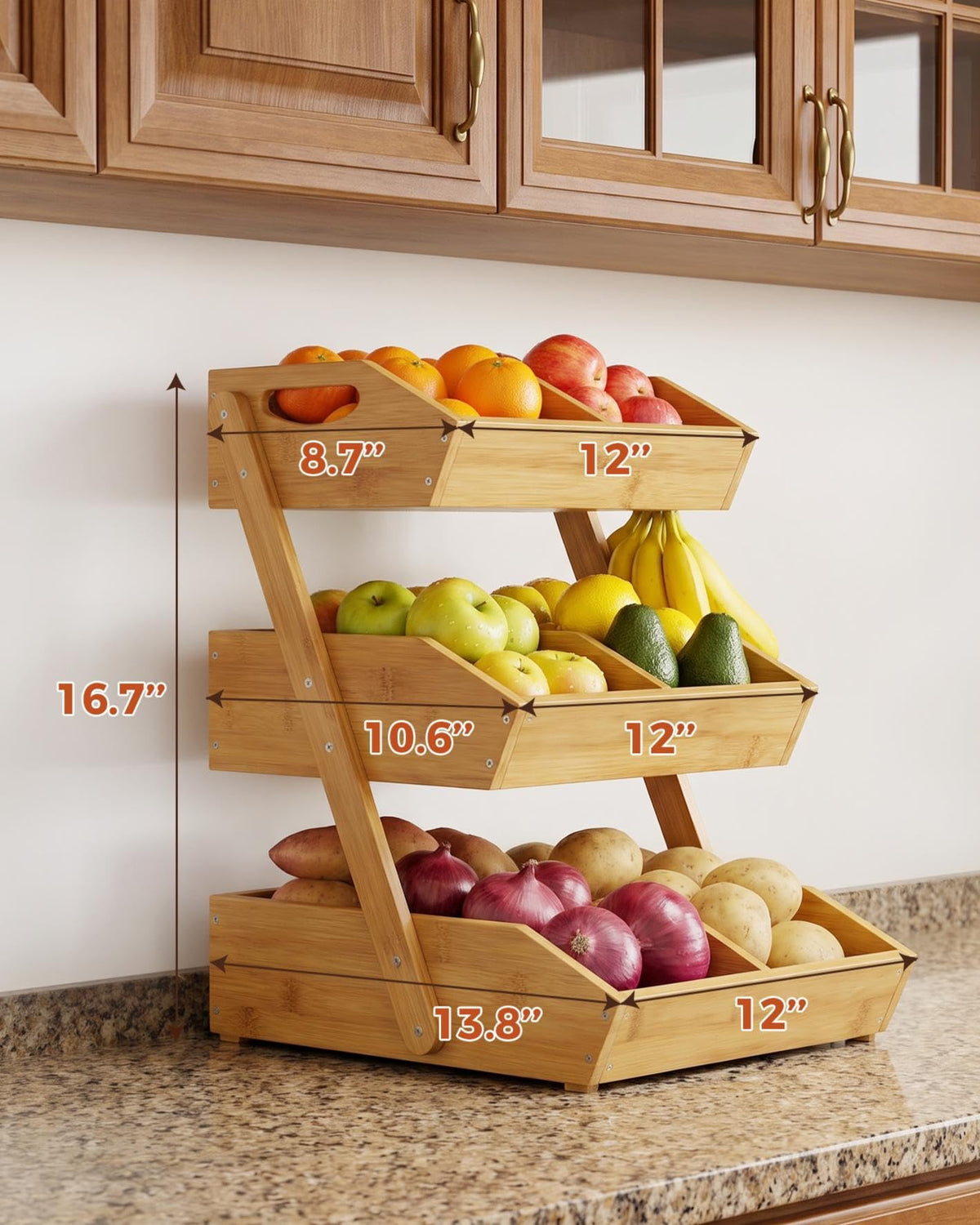 3-Tier Bamboo Fruit Basket with 2 Banana Holders D48761
