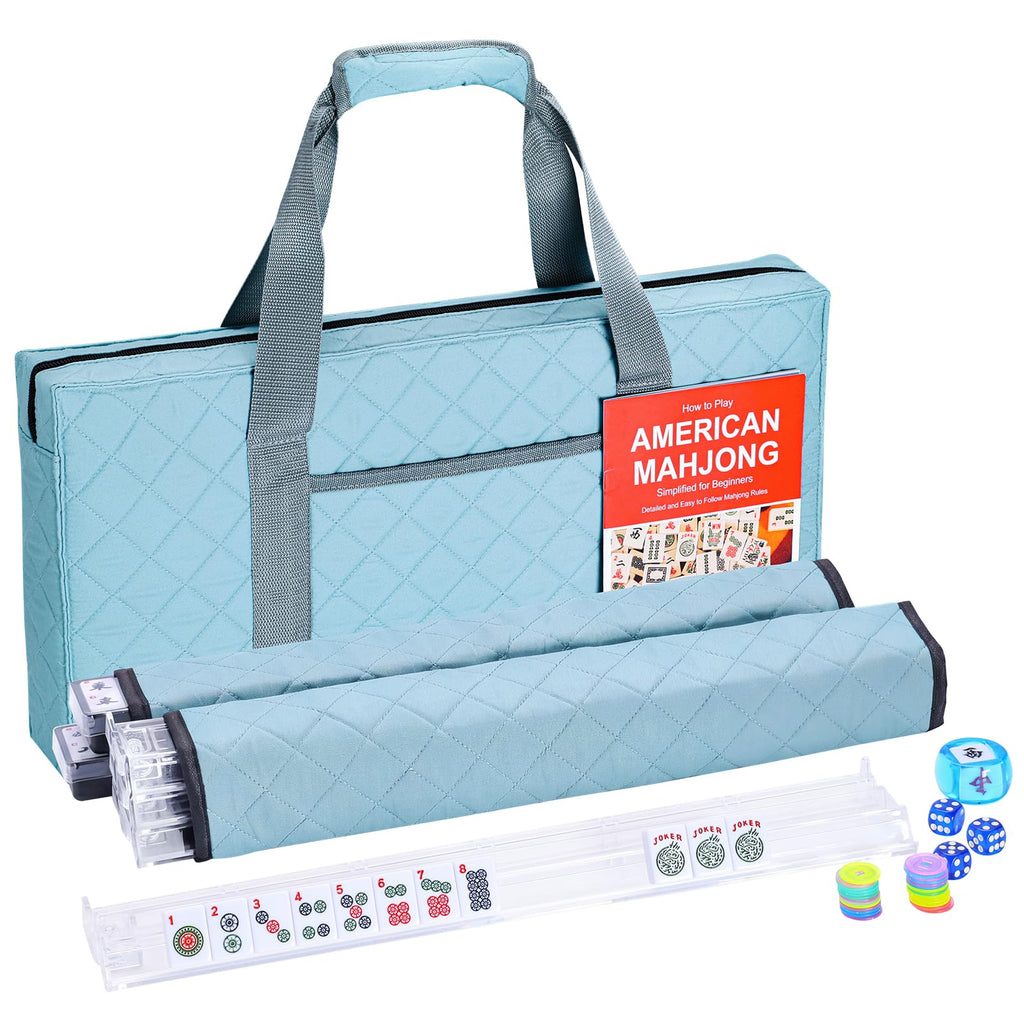 166 White Mahjong Tile Set with 4 Racks and Blue Carrying Bag Q1909