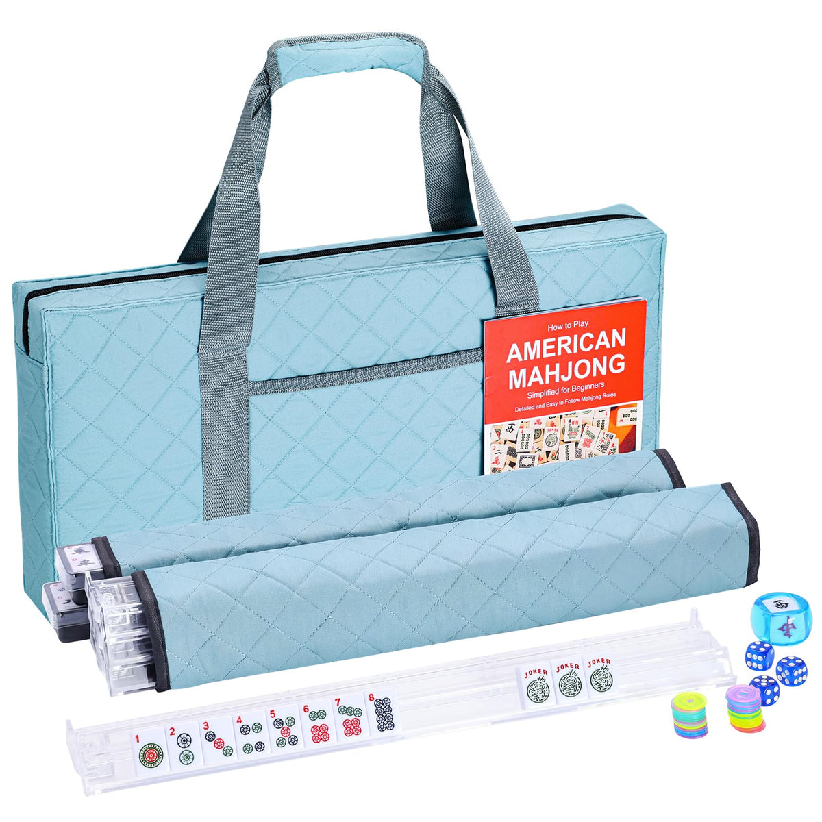 166 White Mahjong Tile Set with 4 Racks and Blue Carrying Bag Q1909