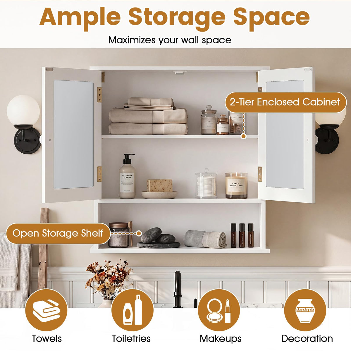 Wall Mounted Mirror Medicine Cabinet with Doors and Shelves O5082