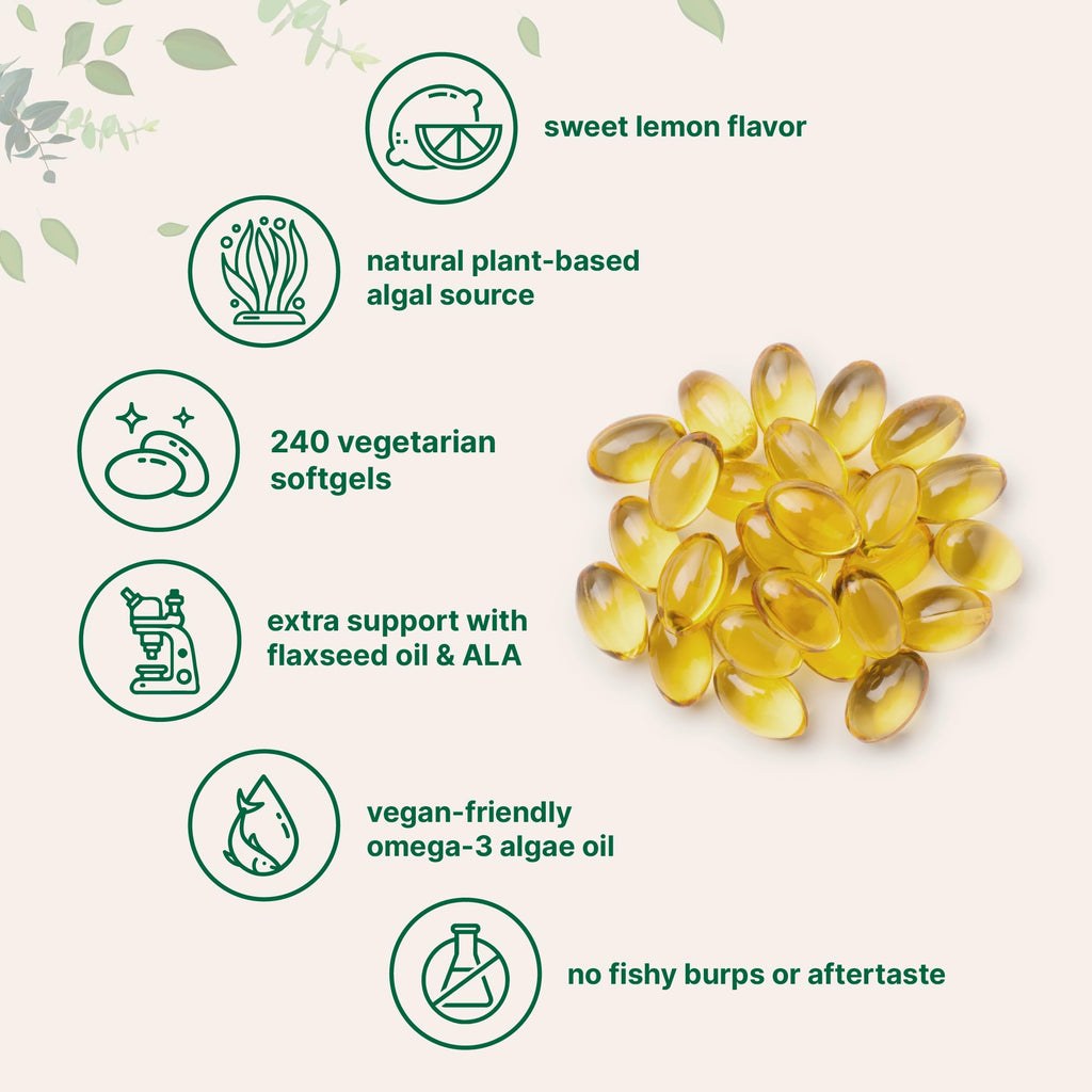 Vegan Omega 3 Algae Oil 240 Veggie Softgels DHA 500mg DPA 100mg Lemon Flavored G78444