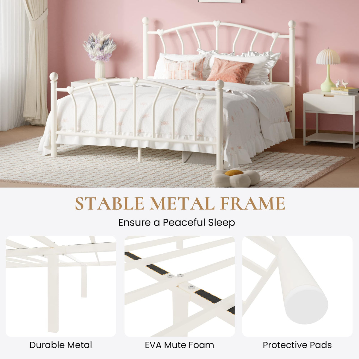 Full Size Cream White Metal Bed Frame R660