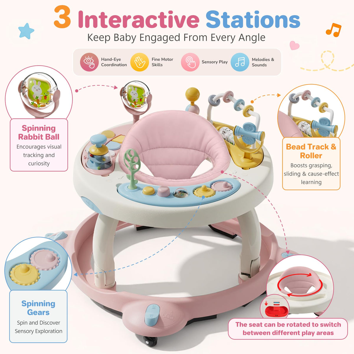 Foldable Baby Walker with Wheels and Rotating Seat S360750