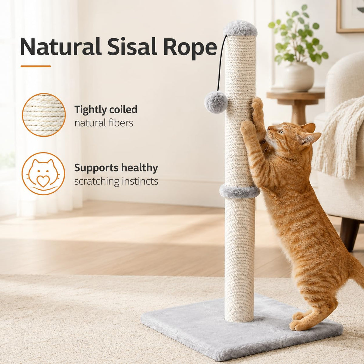 Tall Cat Scratching Post with Sisal Rope, Grey A798728