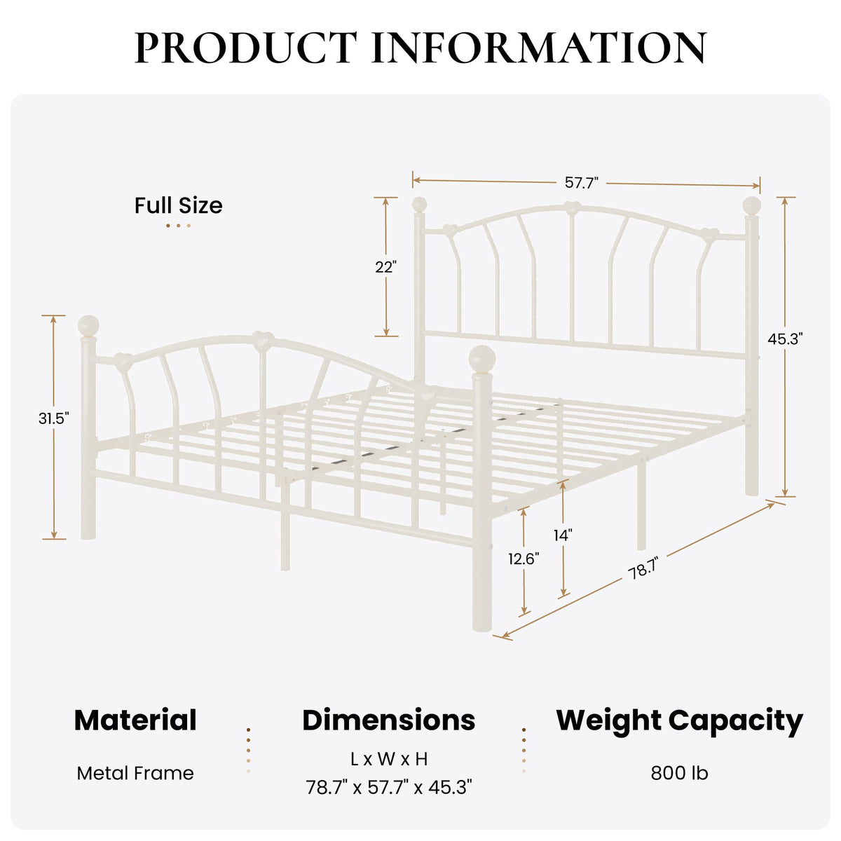 Full Size Cream White Metal Bed Frame R660