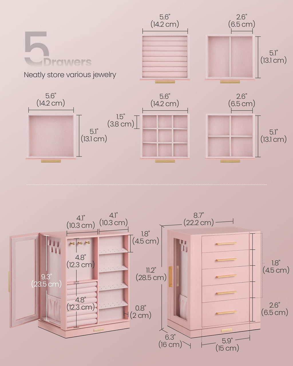 Jelly Pink 5 Drawers Rotating Jewelry Box Organizer V816654
