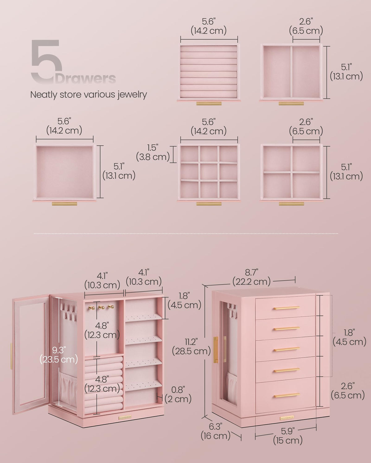 Jelly Pink 5 Drawers Rotating Jewelry Box Organizer V816654