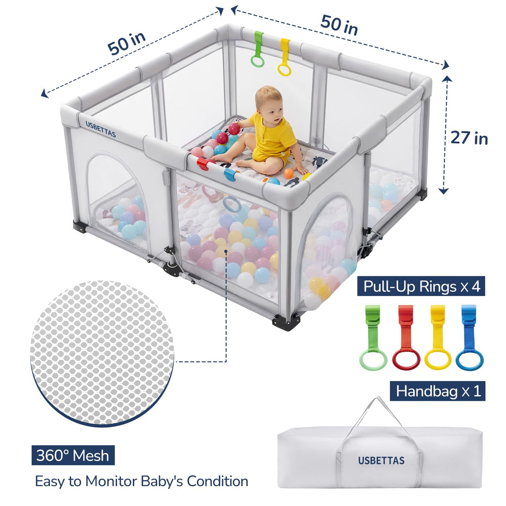 Foldable Lightweight Portable Playpen with Carry Bag, 50"x50" Light Gray N873