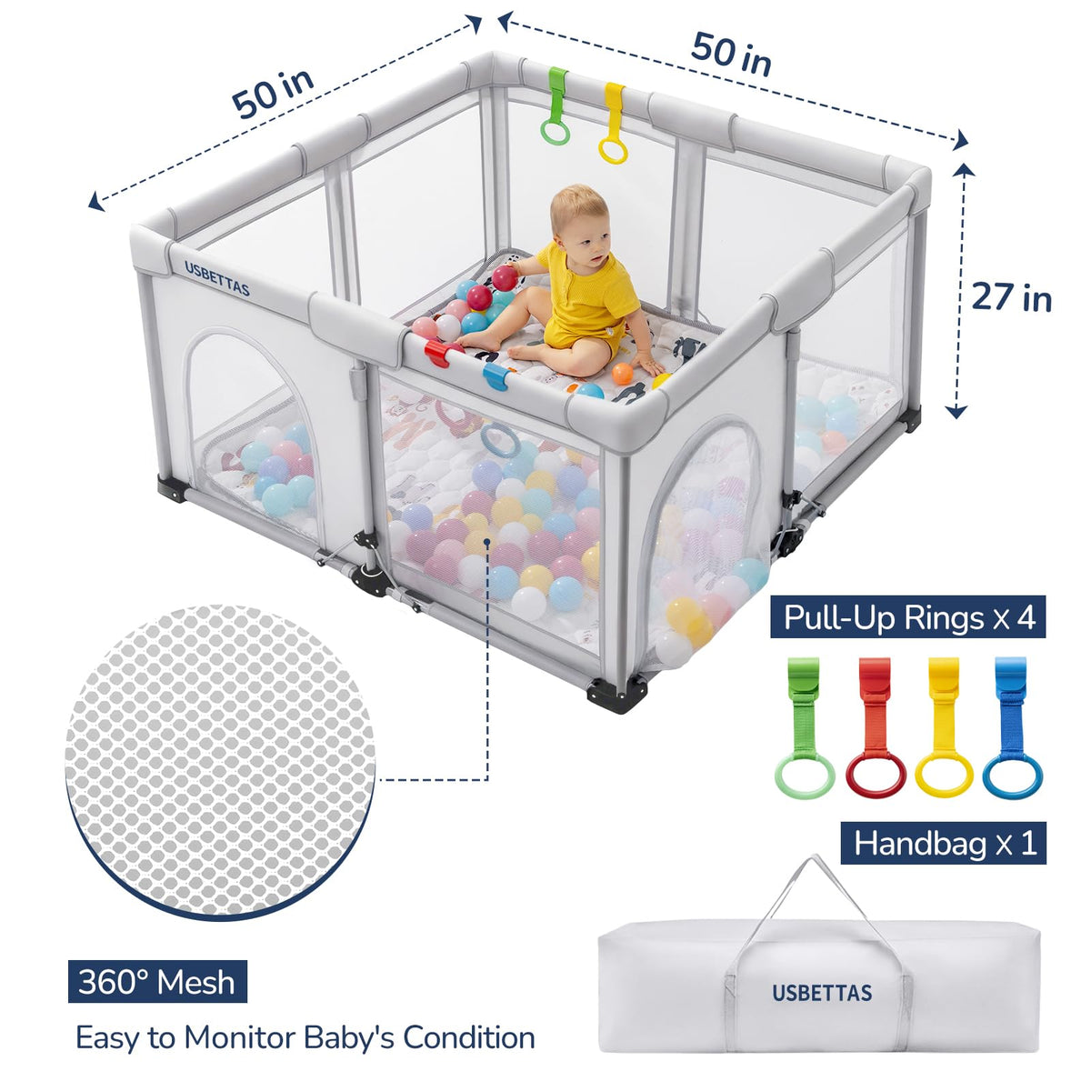 Foldable Lightweight Portable Playpen with Carry Bag, 50"x50" Light Gray N873