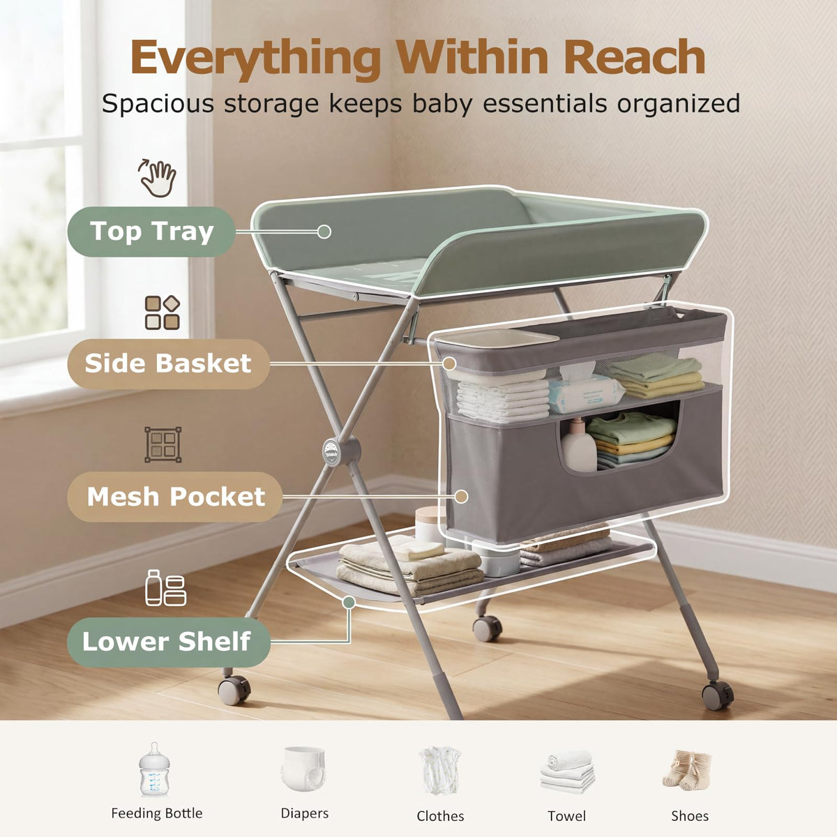Baby Changing Table with Wheels, Portable Adjustable Folding Diaper Station with Storage R492329