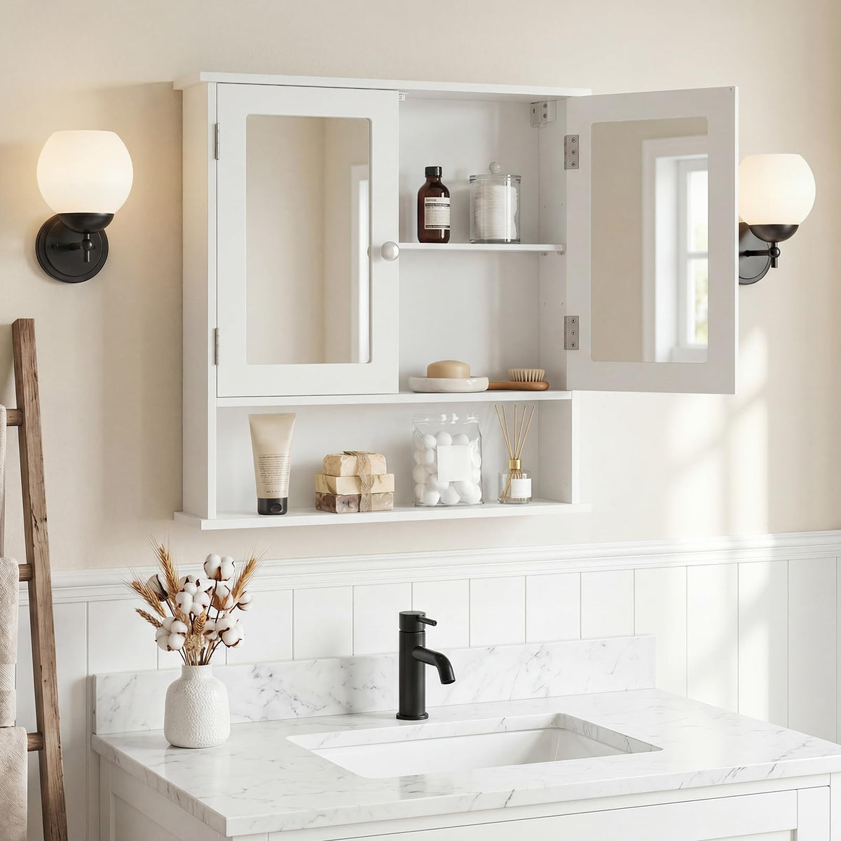 Wall Mounted Mirror Medicine Cabinet with Doors and Shelves O5082