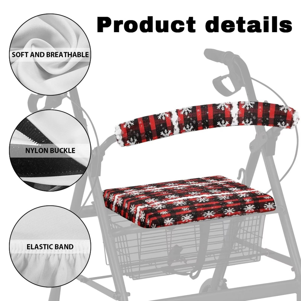 Snowflake Red Plaid Rollator Walker Seat and Backrest Cover Set L578
