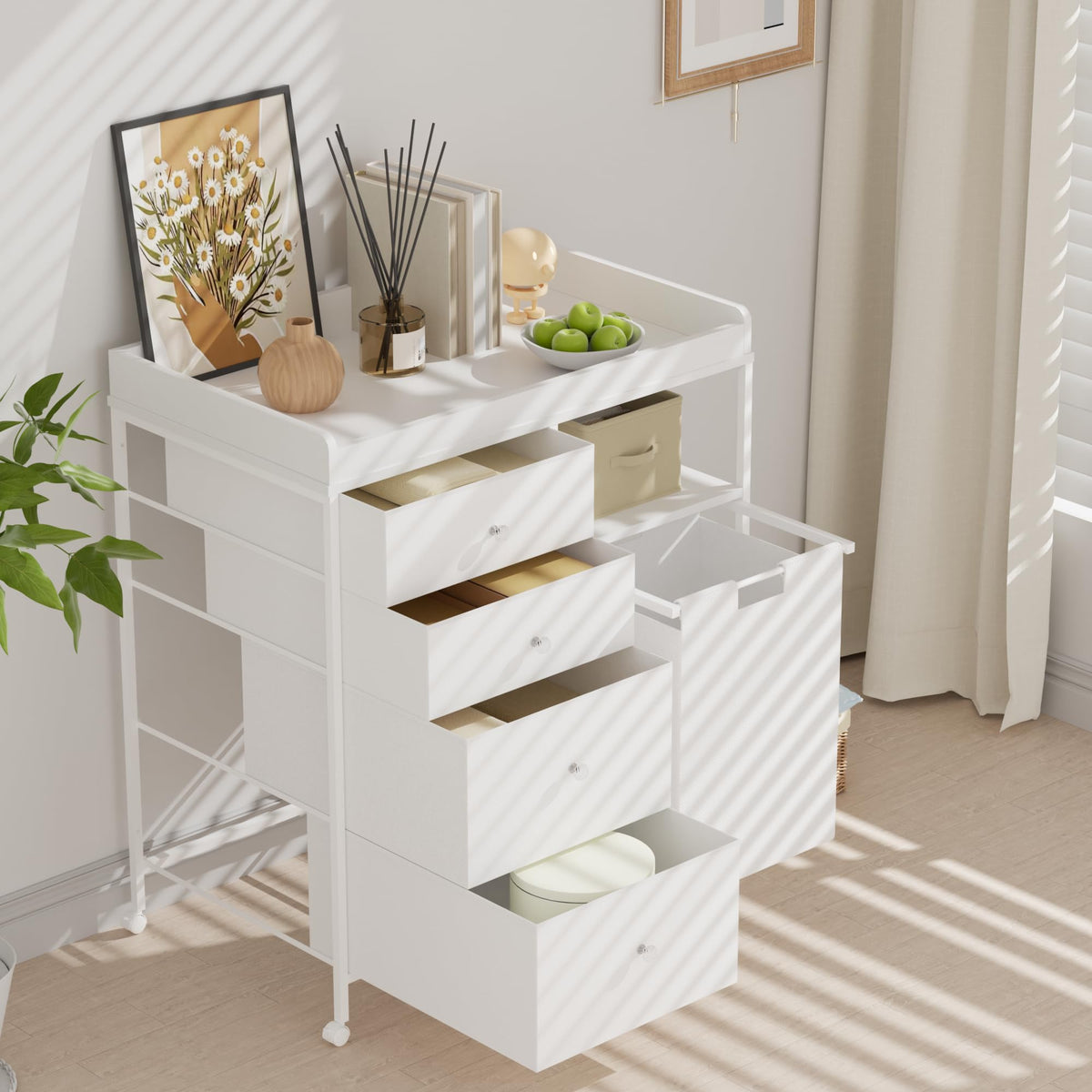 White 4 Drawer Changing Table Dresser with Laundry Hamper W15782