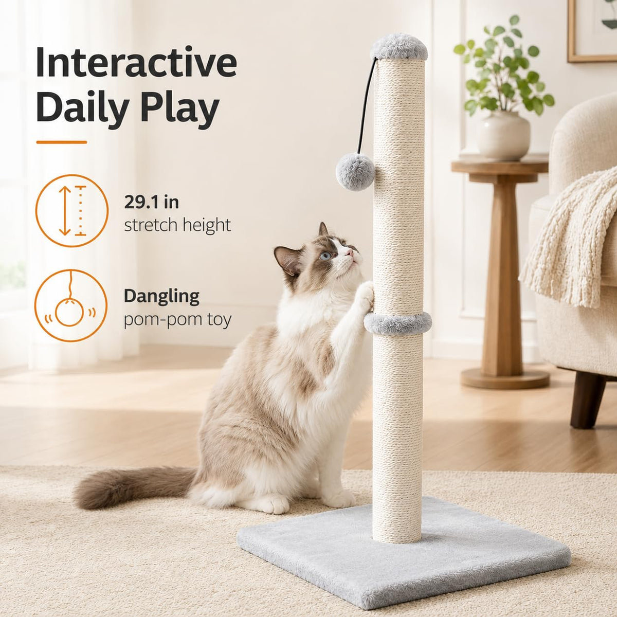 Tall Cat Scratching Post with Sisal Rope, Grey A798728