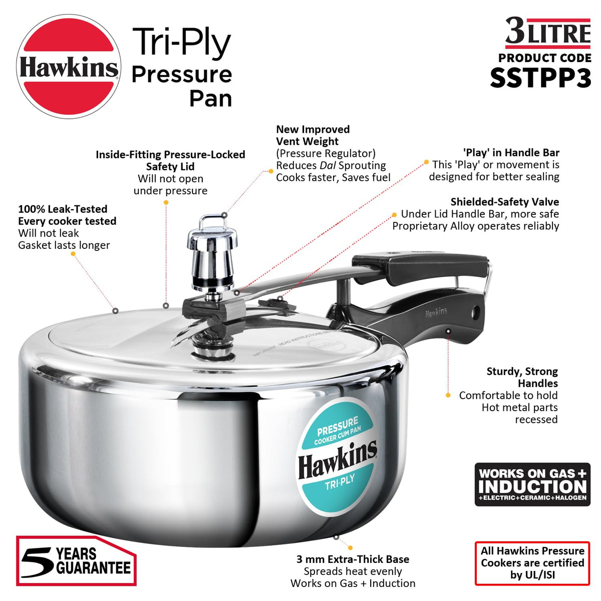 3 Litre Tri-Ply Stainless Steel Pressure Cooker M832633