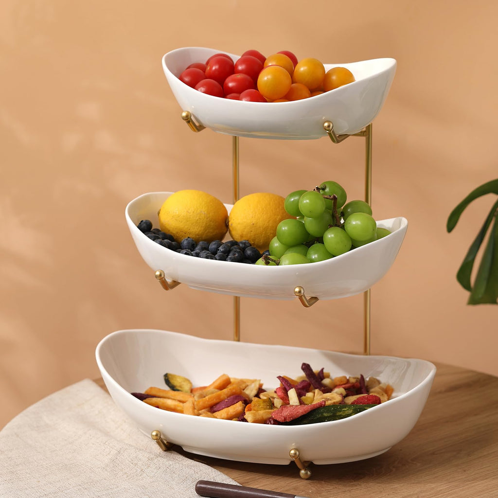 3 Tier Ceramic Fruit Bowl with Golden Metal Stand K517974