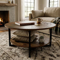 Round Coffee Table with Storage Shelf, Black Metal Legs, 35.3''D x 17.8''H I54141