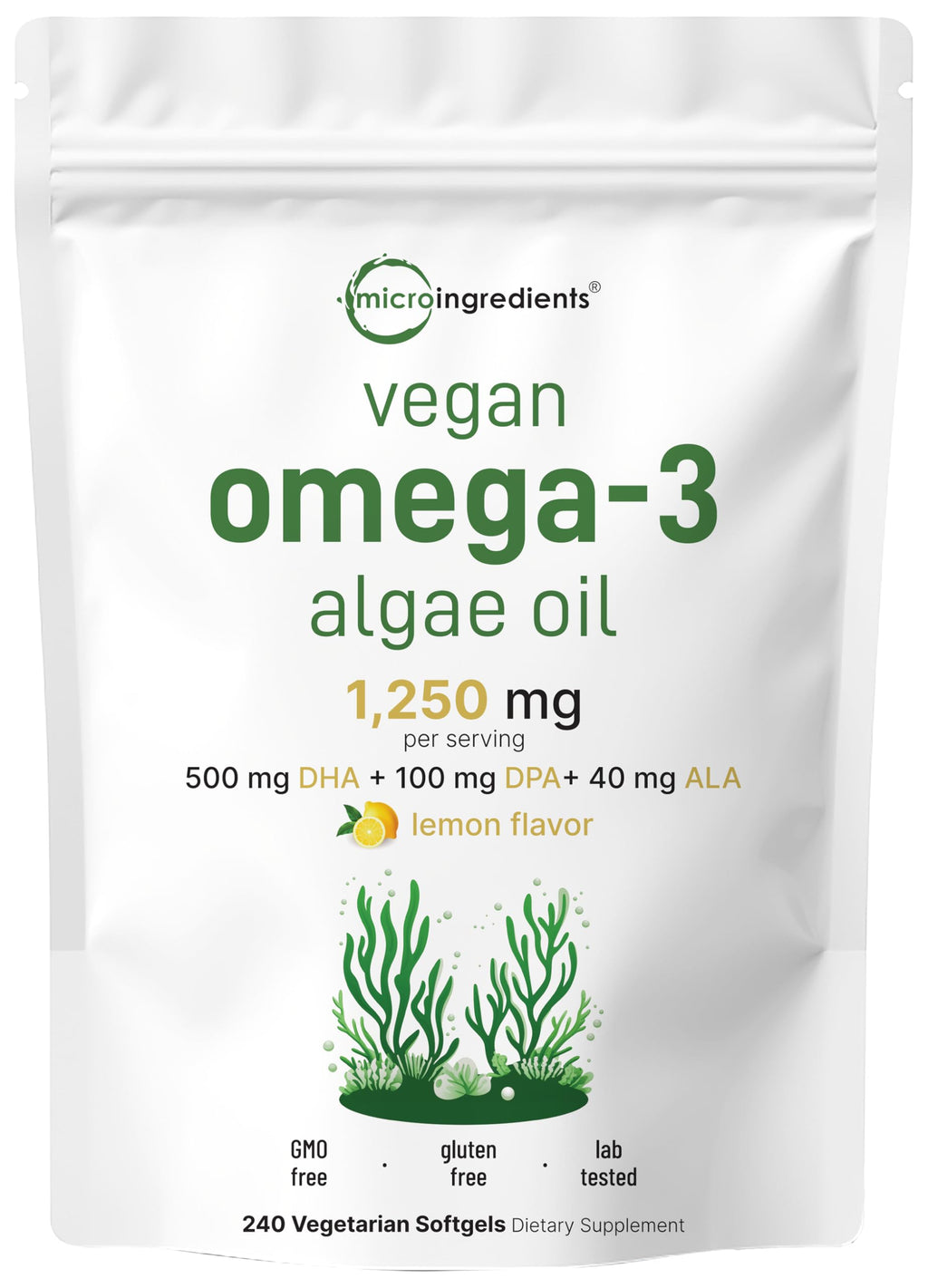 Vegan Omega 3 Algae Oil 240 Veggie Softgels DHA 500mg DPA 100mg Lemon Flavored G78444