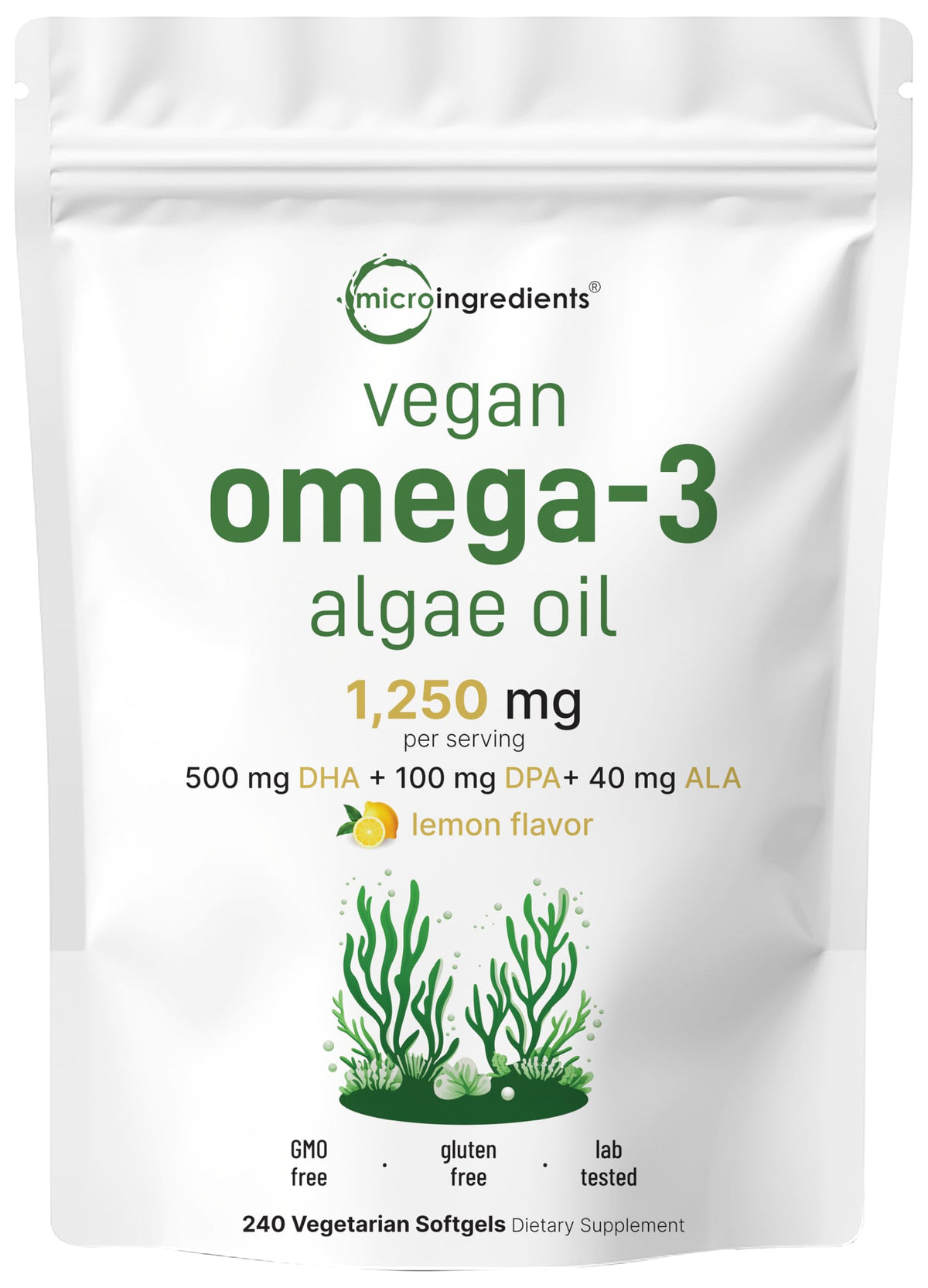 Vegan Omega 3 Algae Oil 240 Veggie Softgels DHA 500mg DPA 100mg Lemon Flavored G78444