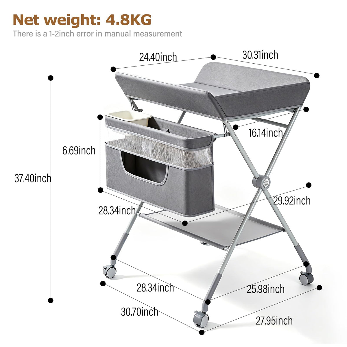 Baby Changing Table with Wheels, Portable Adjustable Folding Diaper Station with Storage R492329