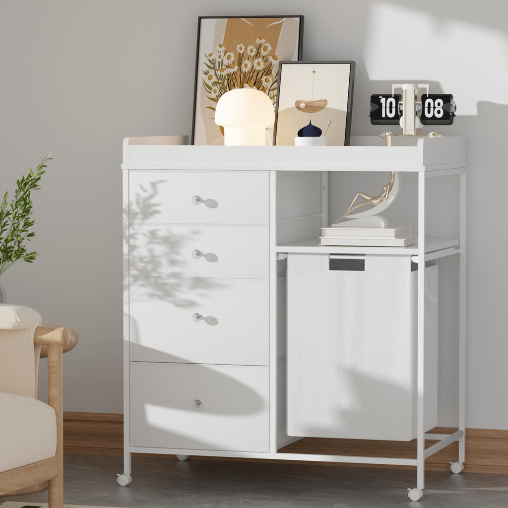 White 4 Drawer Changing Table Dresser with Laundry Hamper W15782