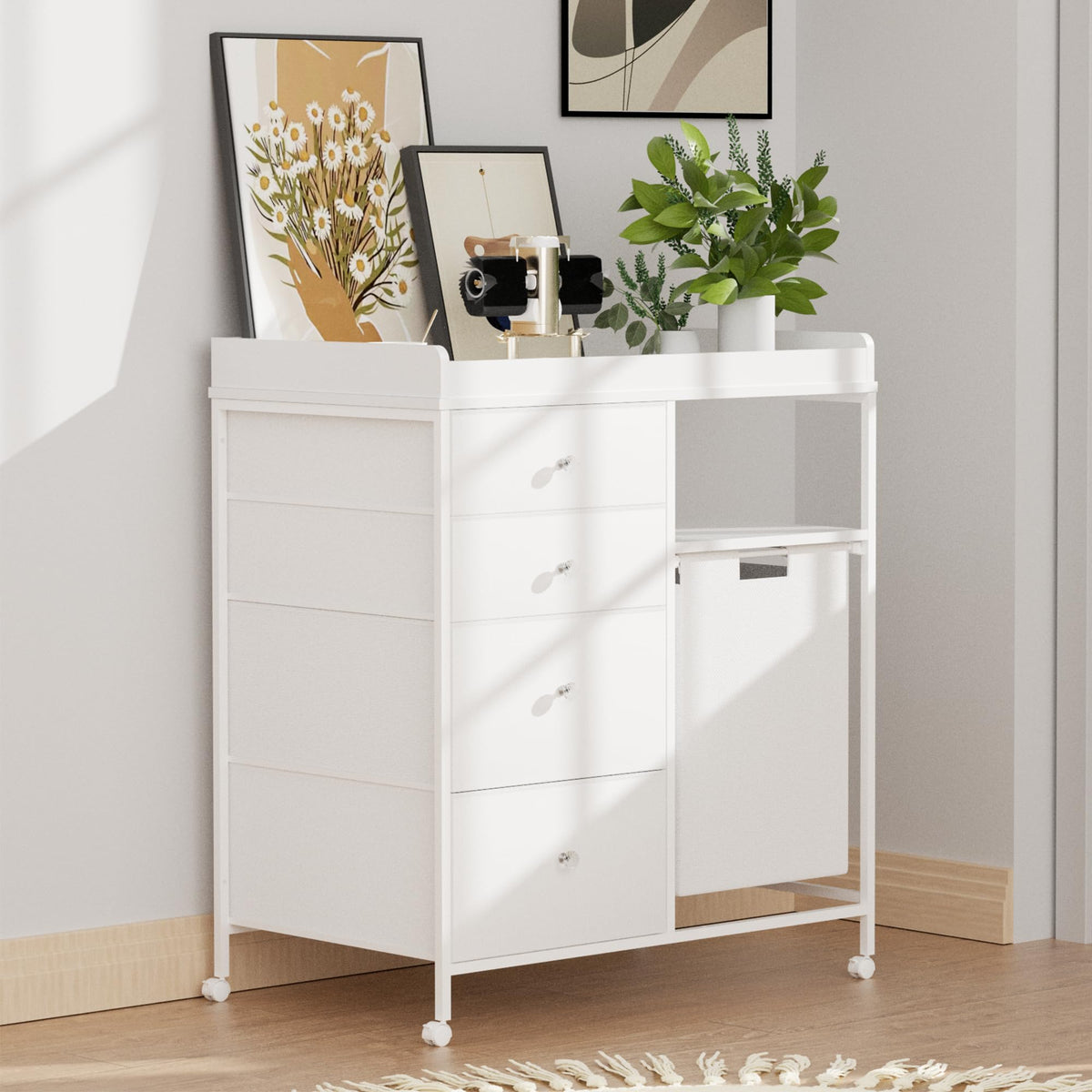 White 4 Drawer Changing Table Dresser with Laundry Hamper W15782