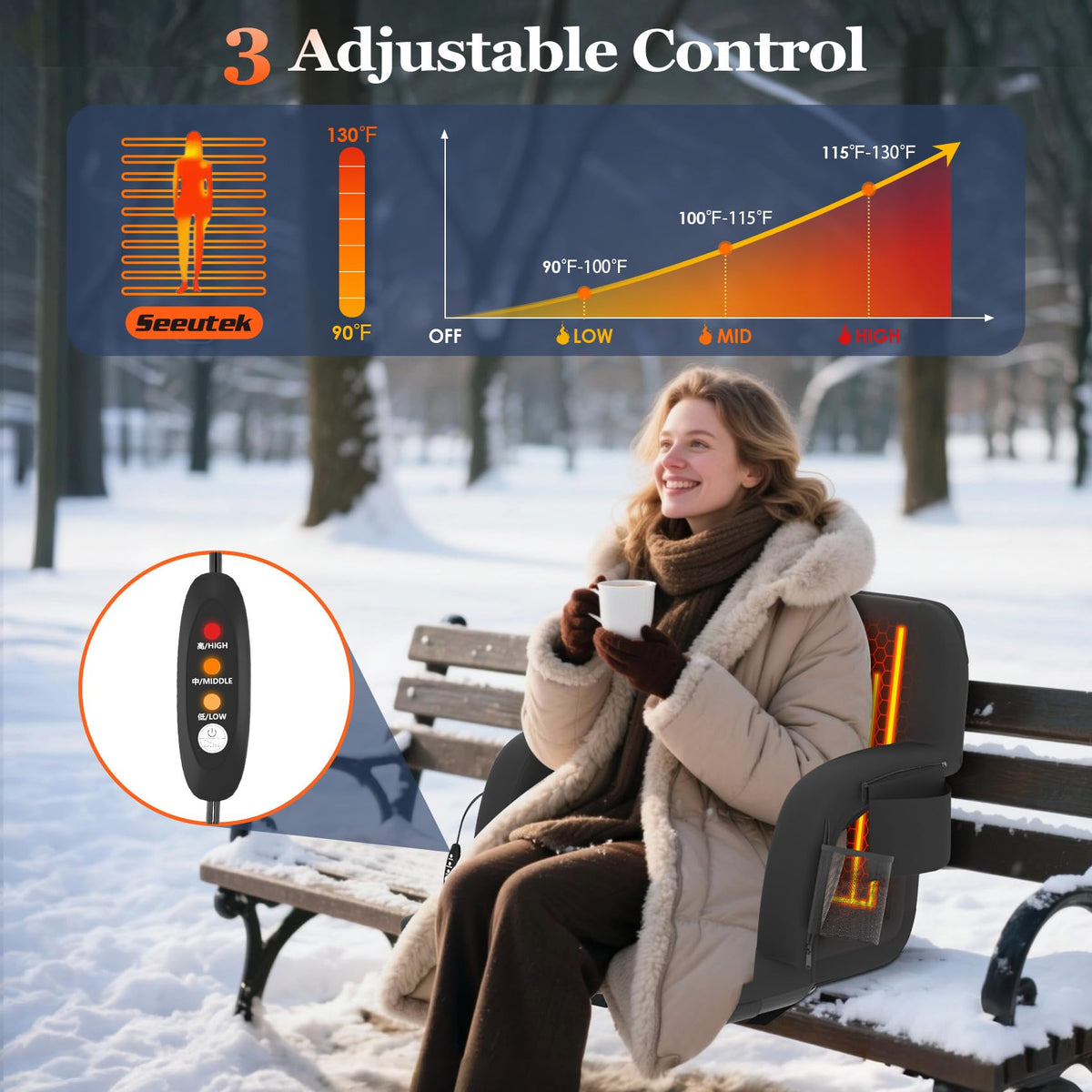 23" Heated Stadium Seats with Back Support, 2.5" Thick Cushion, 2PC E599
