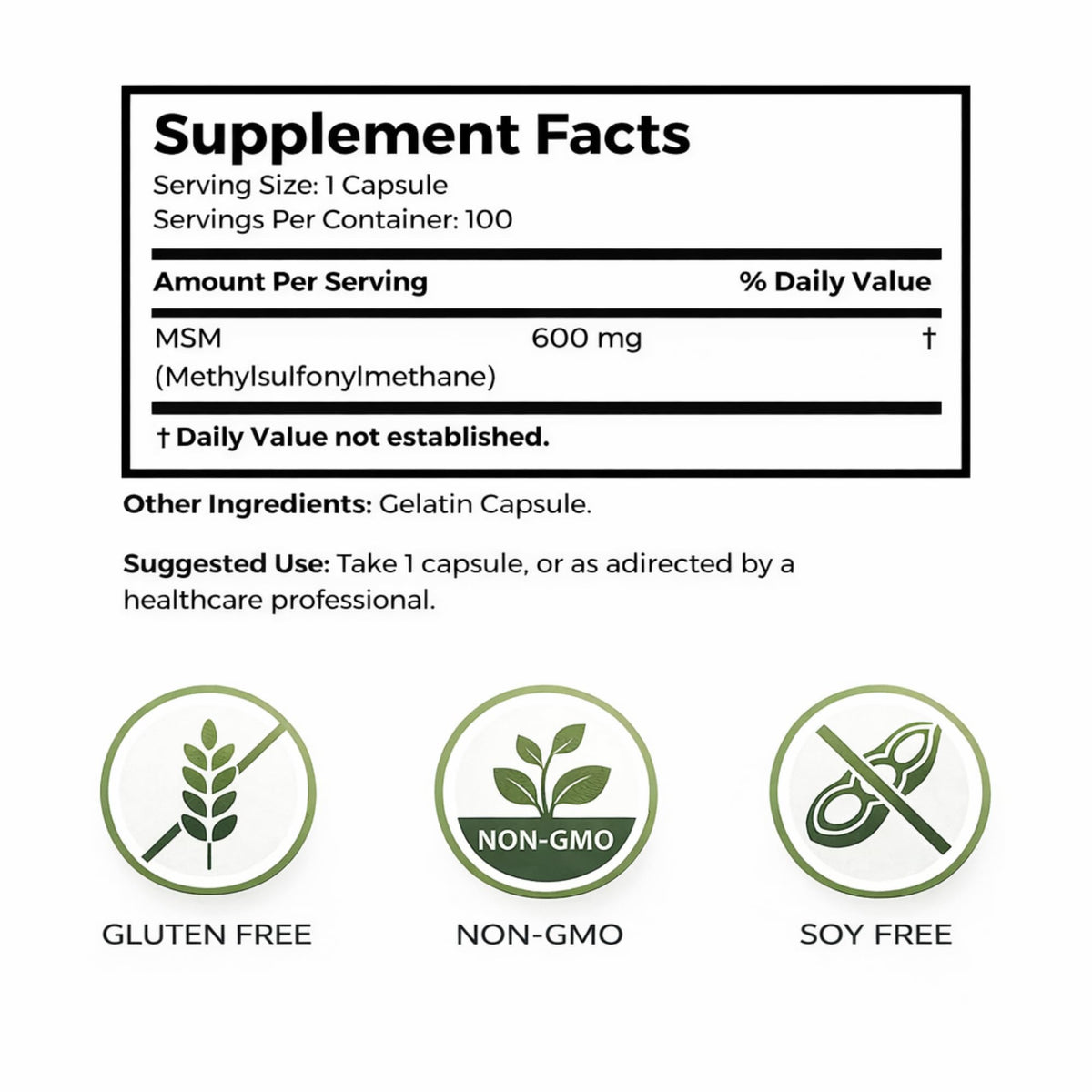 MSM Supplement 600mg 100 Gelatin Capsules H622