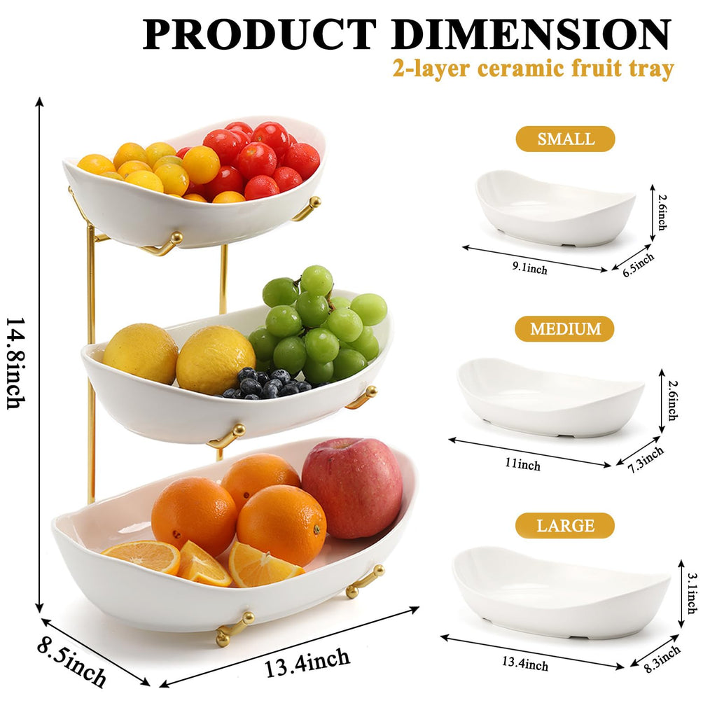 3 Tier Ceramic Fruit Bowl with Golden Metal Stand K517974