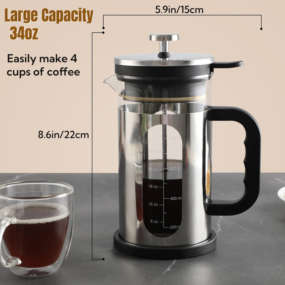 34 oz Borosilicate Glass Stainless Steel French Press N59603
