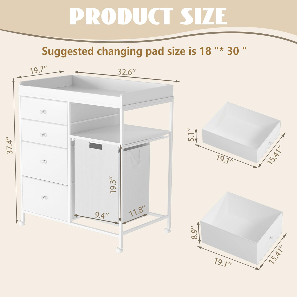 White 4 Drawer Changing Table Dresser with Laundry Hamper W15782