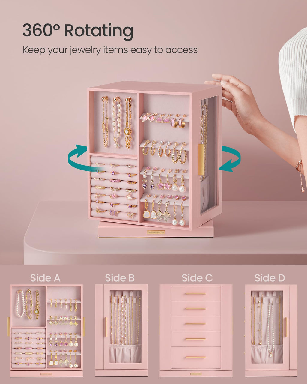 Jelly Pink 5 Drawers Rotating Jewelry Box Organizer V816654
