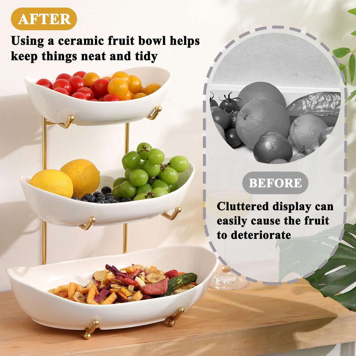 3 Tier Ceramic Fruit Bowl with Golden Metal Stand K517974
